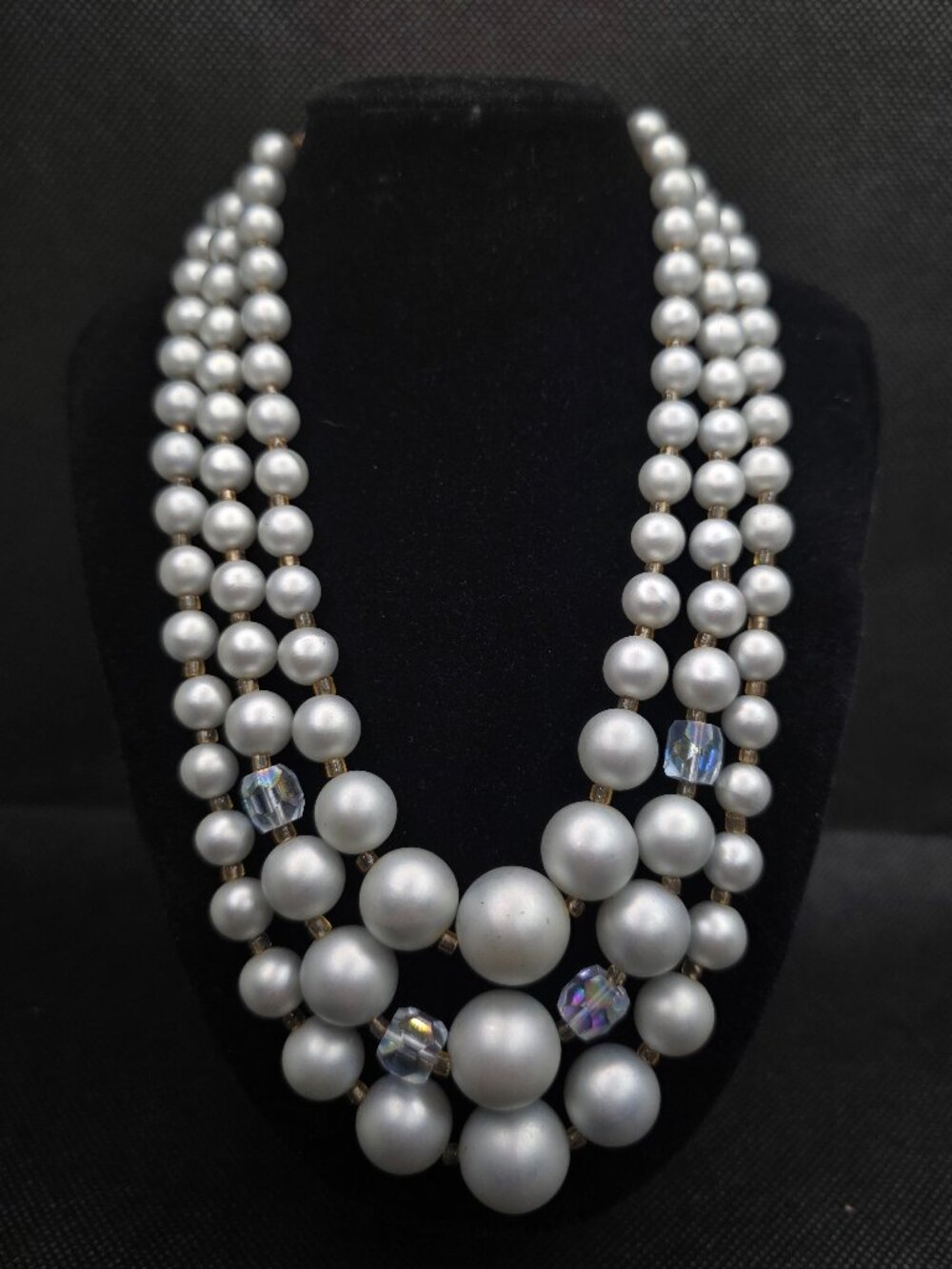 Vintage Japan 3 Strand Faux Pearl AB Crystal Necklace 14-16" Adjustable